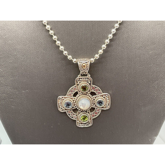 BA BALI STERLING SILVER 925 18K YG PEARL, SKY BLUE TOPAZ & PERIDOT CROSS PENDANT - Picture 3 of 5